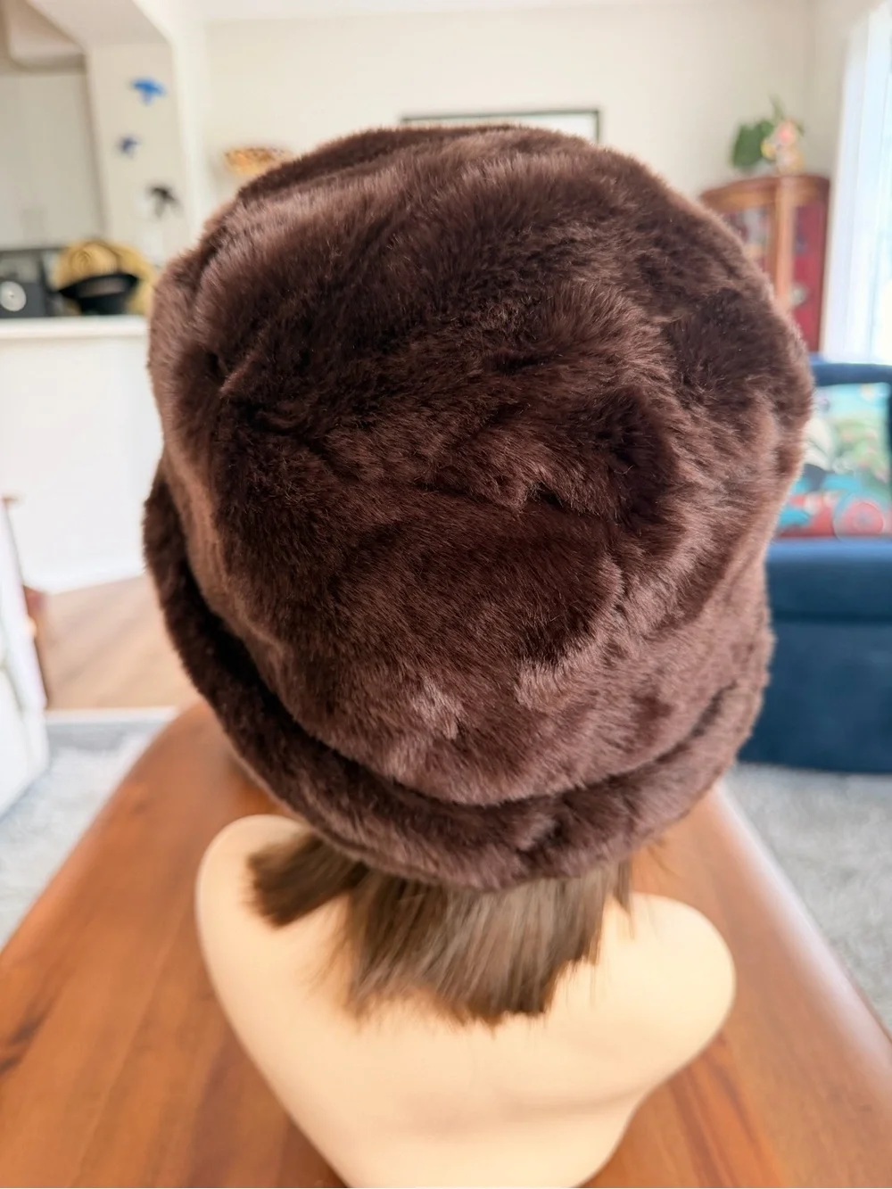 Chocolate Brown Faux Fur Bucket Cloche Hat Retro Winter Plush